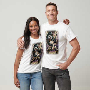 Camiseta Panda Rocker tocando Rock and Roll em um Preto
