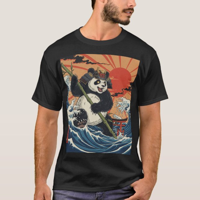 Camiseta Panda Samurai Ascendendo entre Ondas Ukiyo (Frente)