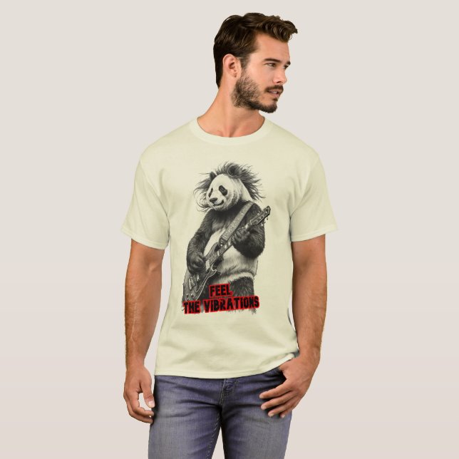 Camiseta Panda Selvagem tocando Rock & Roll em um Preto (Frente Completa)