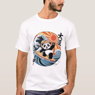 Camiseta Panda Surfando Onda Japonesa Retro Oceano Asiático