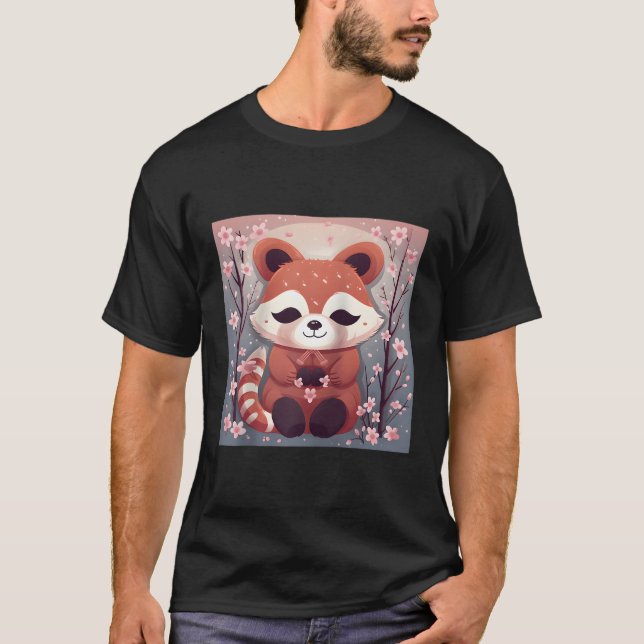 Camiseta Panda Vermelha Adorável No Mar De Blossomas De Cer (Frente)