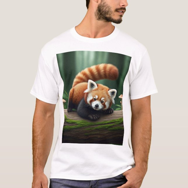 Camiseta Panda Vermelha Bebê Jogada em um Log (Frente)