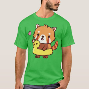 Camiseta Panda Vermelha Bonita Com Piscina Amarelo De Pato 