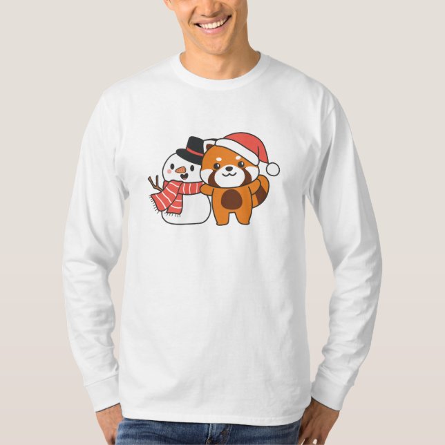 Camiseta Panda Vermelha Com Neve No Inverno Para O Natal (Frente)