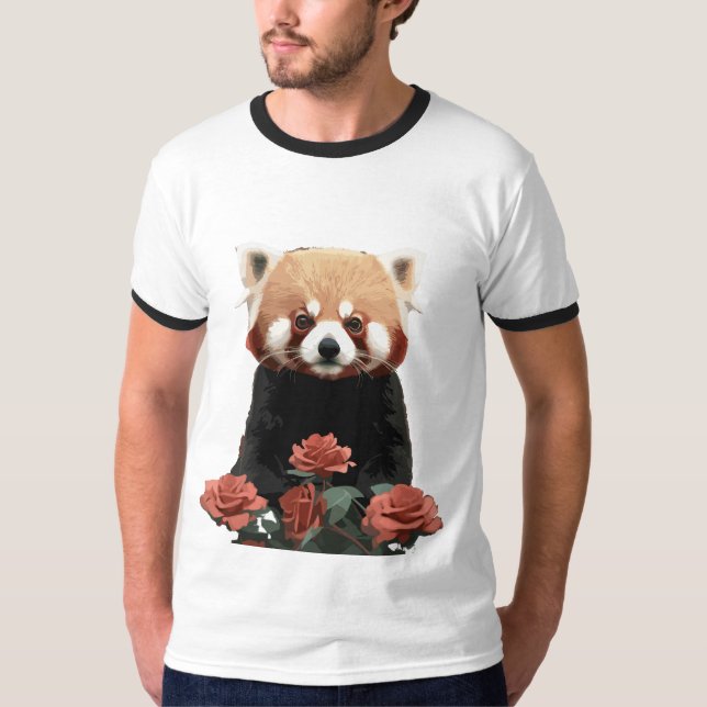 Camiseta Panda vermelha e rosas (Frente)