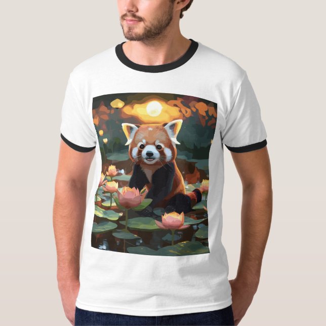 Camiseta Panda vermelha no lago de lótus (Frente)