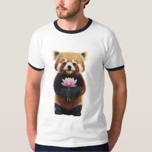 Camiseta Panda vermelha segurando um buquê de flores de lót