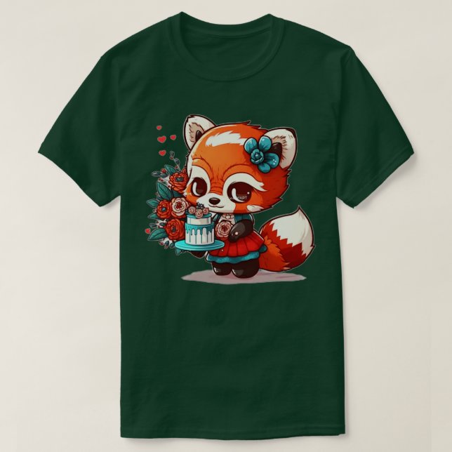 Camiseta panda vermelho giro chibi num vestido (Frente do Design)