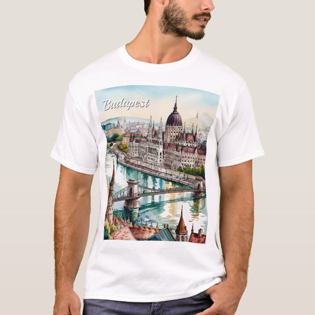 Camiseta Panorama do Parlamento da Hungria em Budapeste, Ri (Frente)