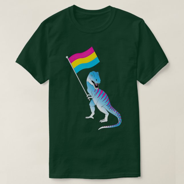 Camiseta Pansexual Flag Dinosaur Pride LGBQIA Nonbinary Gen (Frente do Design)