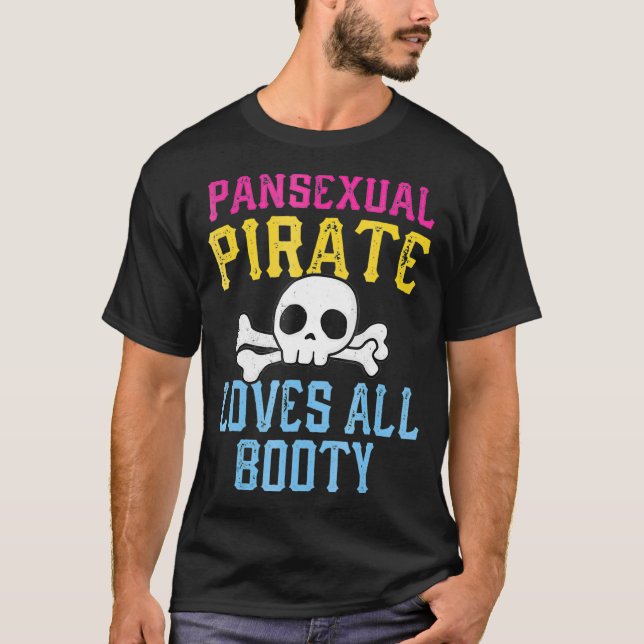 Camiseta Pansexual PIrate ama todo o crânio do orgulho LGBT (Frente)