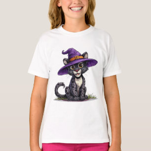 Camiseta Pantera Adorável Vestindo um Chapéu de Bruxa