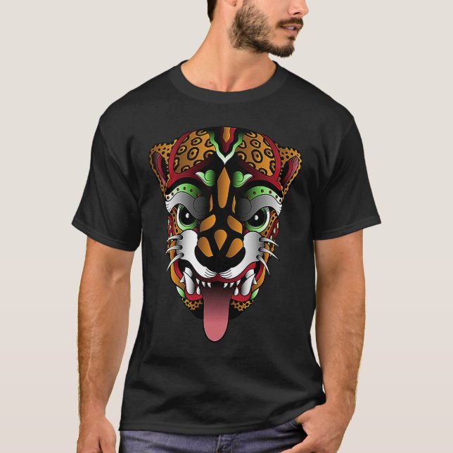 Camiseta Pantera Huichol Açúcar Crânio Mexicano Aztec Ocelo (Frente)