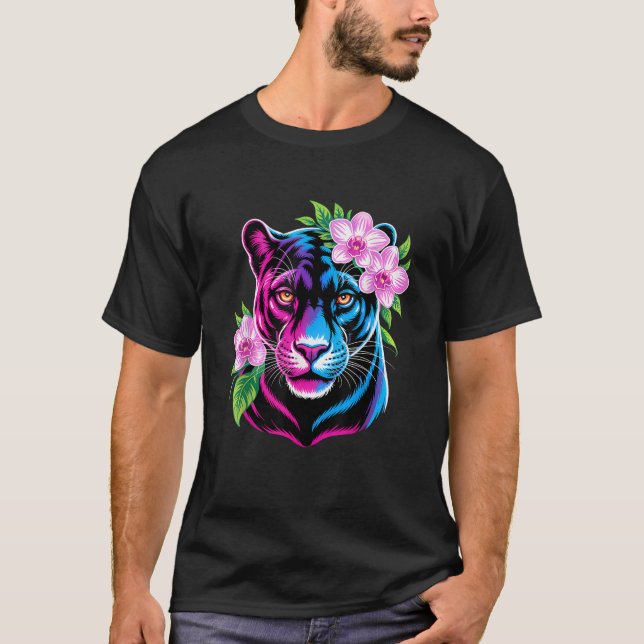 Camiseta Pantera Negra com Flores Rosa (Frente)