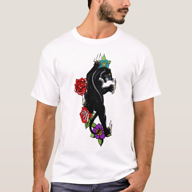 Camiseta panthere noire tattoo old school fleur rose 61 (Frente)