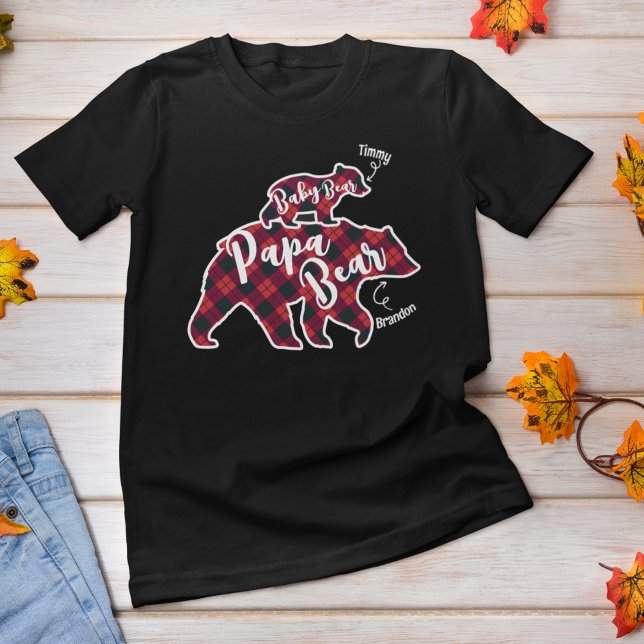 Camiseta Papa Urso Bebê Pai Pai Estilo de Xadrez de Nome Pe (Criador carregado)