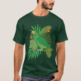 Camiseta papagaio amazônico com fundo de folhas