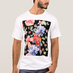 Camiseta Papagaio Aquarela: Padrão Floral Romance.