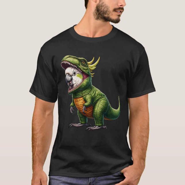Camiseta Papagaio-Cockatoi Vestindo roupa de dinossauro Eng (Frente)