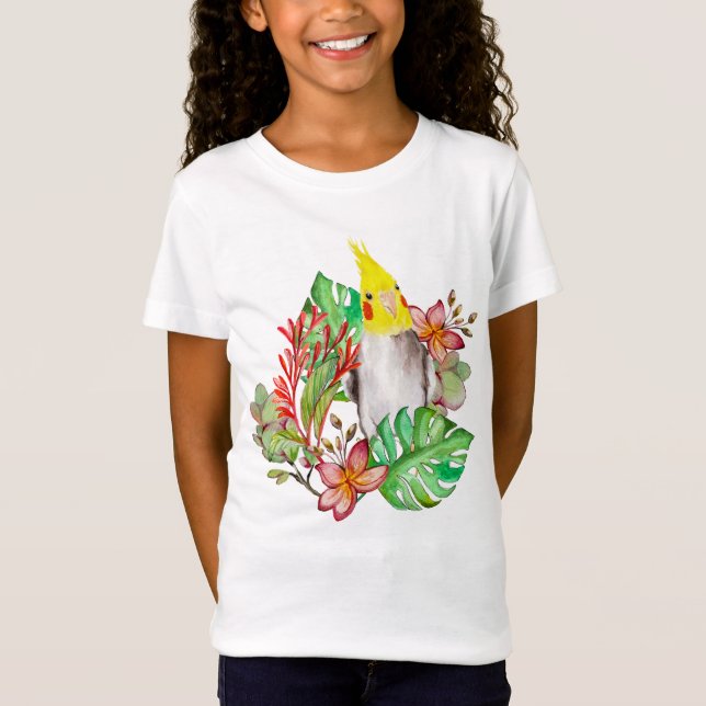 Camiseta Papagaio-de-corela-branca em plantas tropicais e f (Frente)