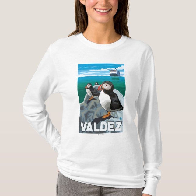 Camiseta Papagaio-do-mar & navio de cruzeiros - Valdez, (Frente)