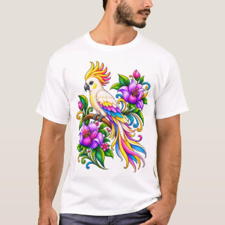 Camiseta Papagaio Fantasia Colorido com Flores Tropicais