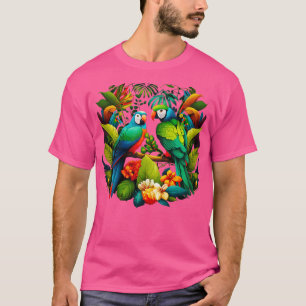 Camiseta Papagaios tropicais em folhas e flores