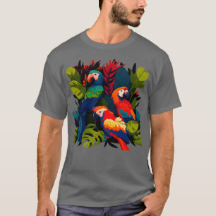 Camiseta papagaios tropicais em minúcias coloridas de fundo