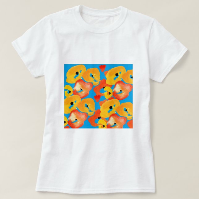 Camiseta Papagaios vermelhos e laranja arte floral (Frente do Design)