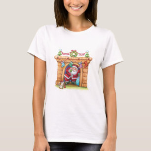Camiseta Papai Noel Alegre de Desenho Animado Fofo Descendo