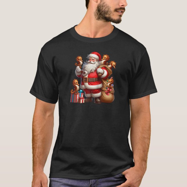 Camiseta Papai Noel Americano segurando o Natal presente (Frente)
