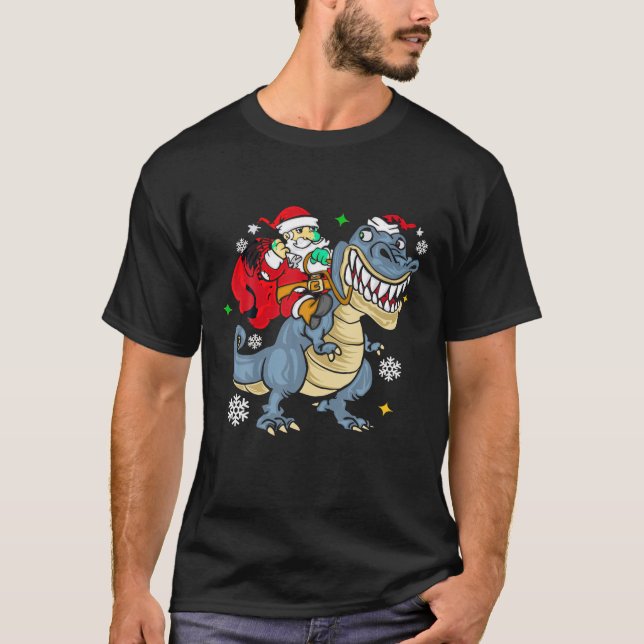 Camiseta Papai Noel Andando Dinossauros Meninos Kids Xmas F (Frente)