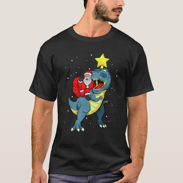 Camiseta Papai Noel Andando Rex Dinossaur Natal Para Menino (Frente)