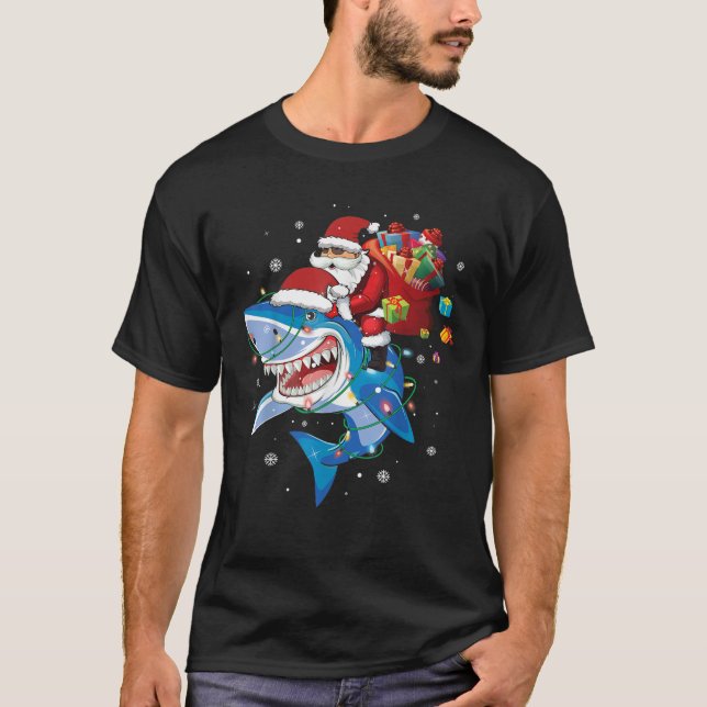 Camiseta Papai Noel cavalgando amante de tubarão Feliz Nata (Frente)