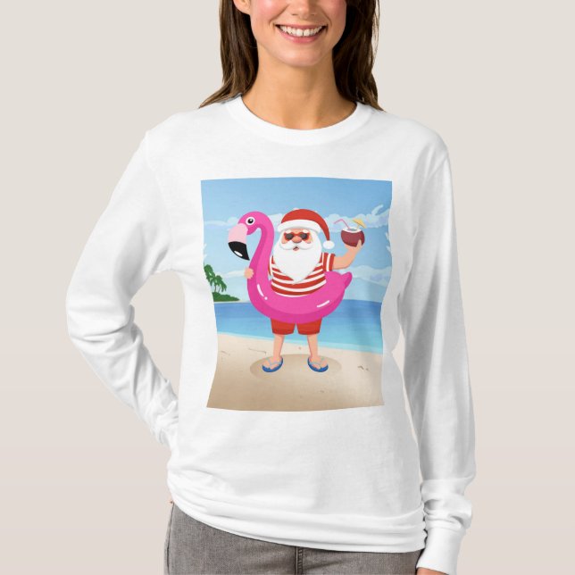 Camiseta Papai Noel com anel inflável flamingo (Frente)