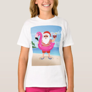 Camiseta Papai Noel com anel inflável flamingo