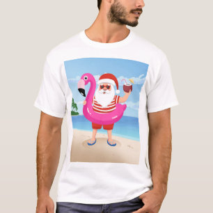 Camiseta Papai Noel com anel inflável flamingo