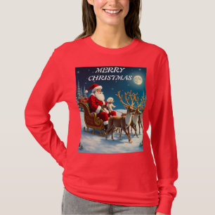 Camiseta Papai Noel com um cachorrinho branco pequeno