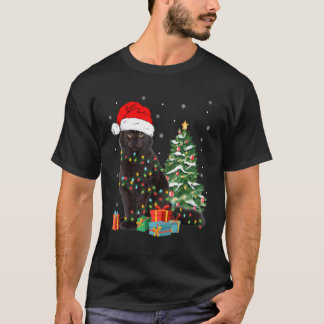 Camiseta Papai Noel de Gato Preto Enroscado Em Luzes De Nat