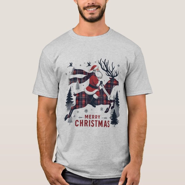 Camiseta Papai Noel de Natal cavalgando sua rena (Frente)
