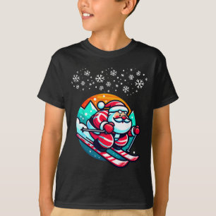 Camiseta Papai Noel de Natal esquia na encosta da cabana de
