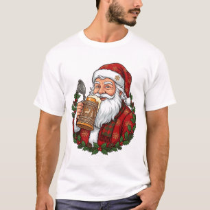 Camiseta Papai Noel de Natal segurando copo de cerveja