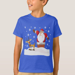 Camiseta Papai noel e Rudolph na camisola feia do telhado