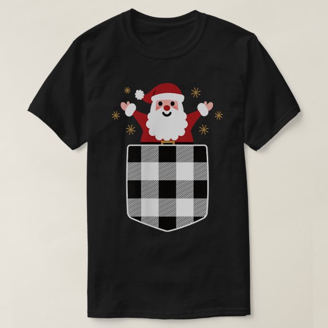 Camiseta Papai Noel em Bolso de Xadrez Búfalo Branco e Negr (Frente do Design)