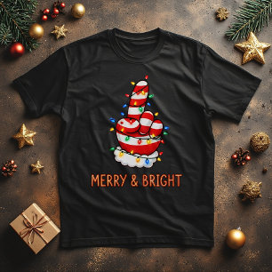 Camiseta Papai Noel engraçado dedo no meio das luzes de Nat