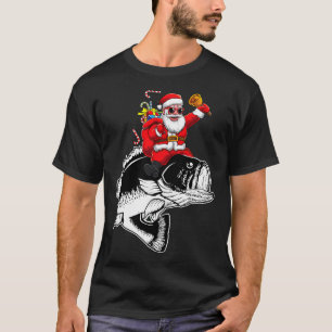 Camiseta Papai Noel Engraçado Montado em Peixe Para o Papai