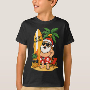 Camiseta Papai Noel Engraçado Surfando Praia de Verão Natal