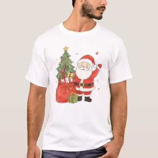 Camiseta Papai Noel Fofo com Saco de Presentes para um Nata