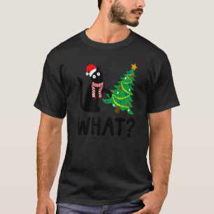 Camiseta Papai Noel Gato Preto Empurrando Árvore de Natal S