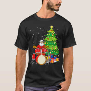 Camiseta Papai Noel Joga Tambores Perto da Árvore de Natal 